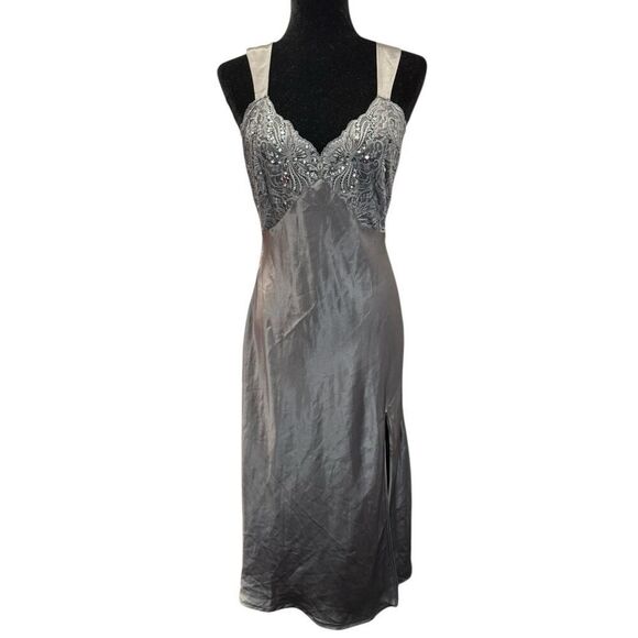 Vintage Victoria’s Secret Satin Lace Slip Dress M Gray Silver 90s Y2K Midi - Picture 1 of 13